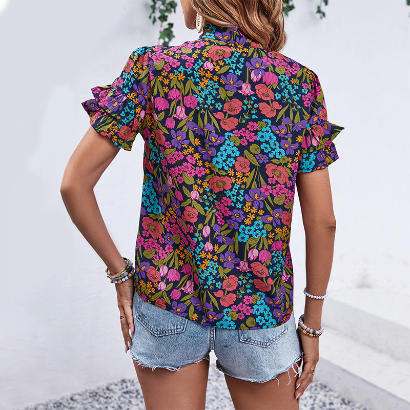 Damen Bluse mit Rüschendetails und floralem Design Drune