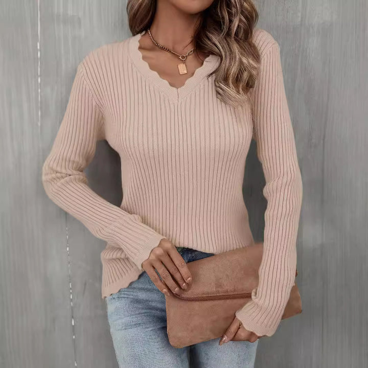 Damen V-Ausschnitt Rippenpullover mit Wellenkante Drune