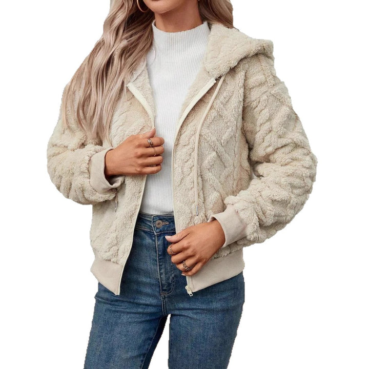Damen modische Plüschjacke mit Kapuze und gerippten Bündchen Drune
