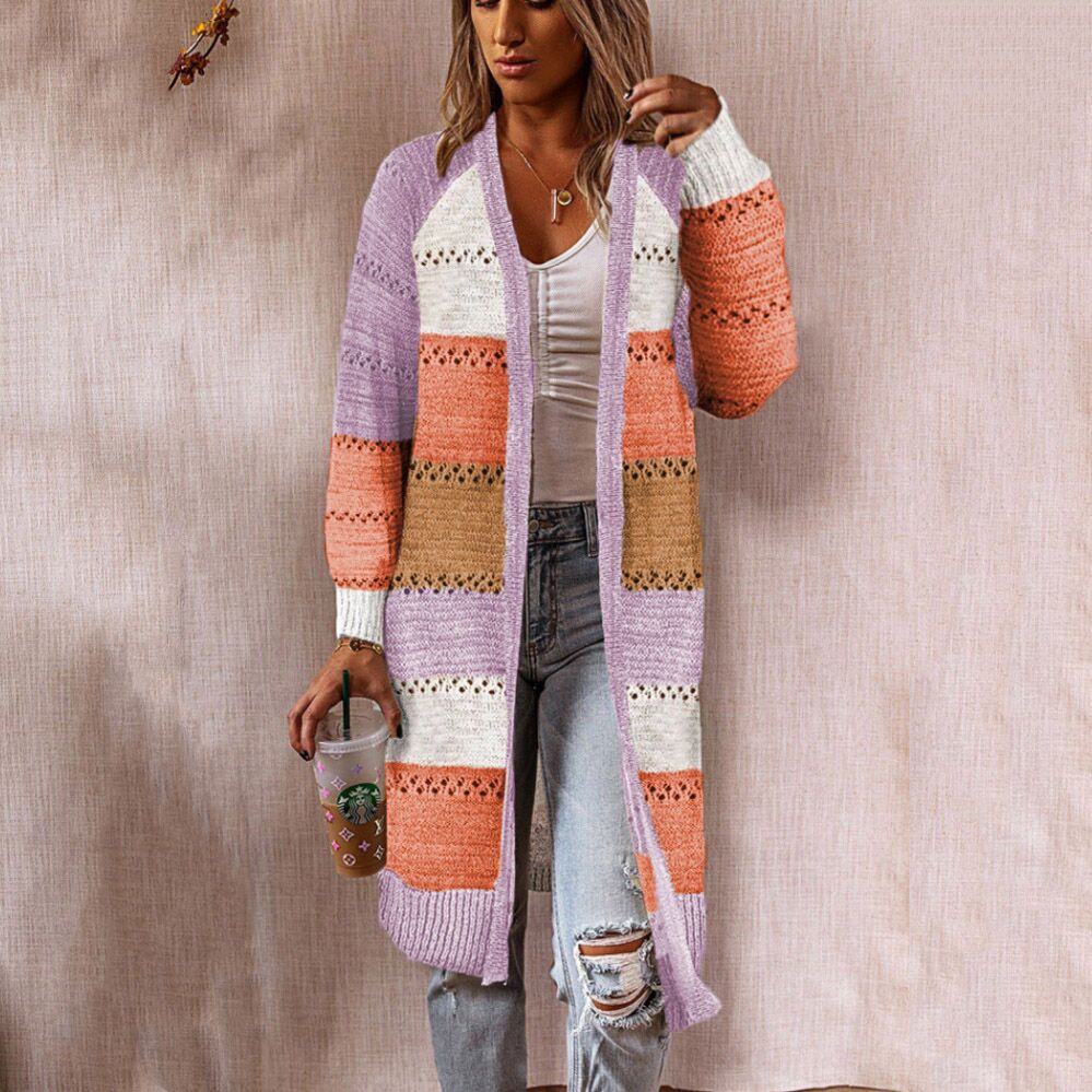 Damen Strickmantel mit modernem Streifenmuster und Spitzenakzenten Drune