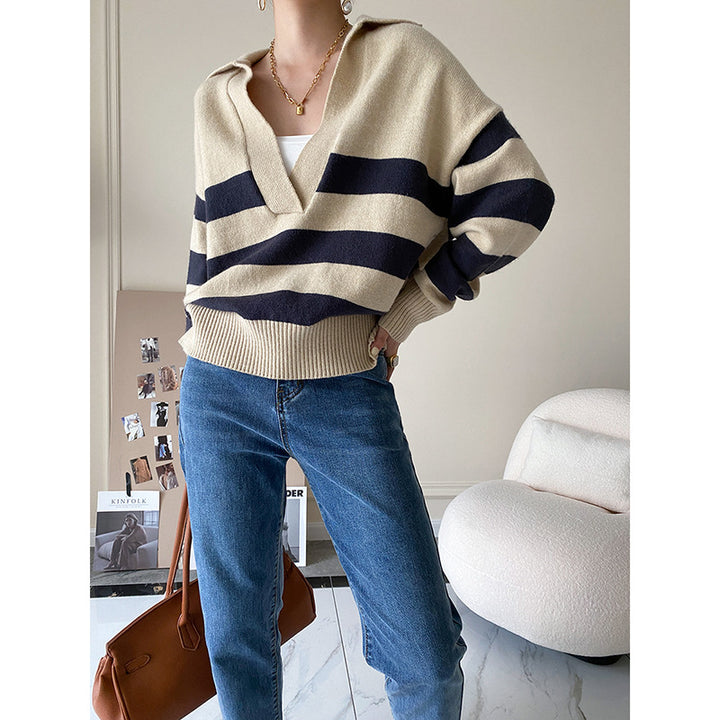 Damen lässiger Strickpullover mit V-Ausschnitt und asymmetrischem Streifenmuster Drune