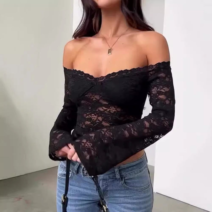 Damen Spitzentop mit Schulterfreiem Design und Volantärmeln Drune