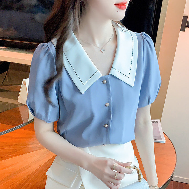 Damen elegante Bluse mit großem Kragen und Rüschendetails Drune