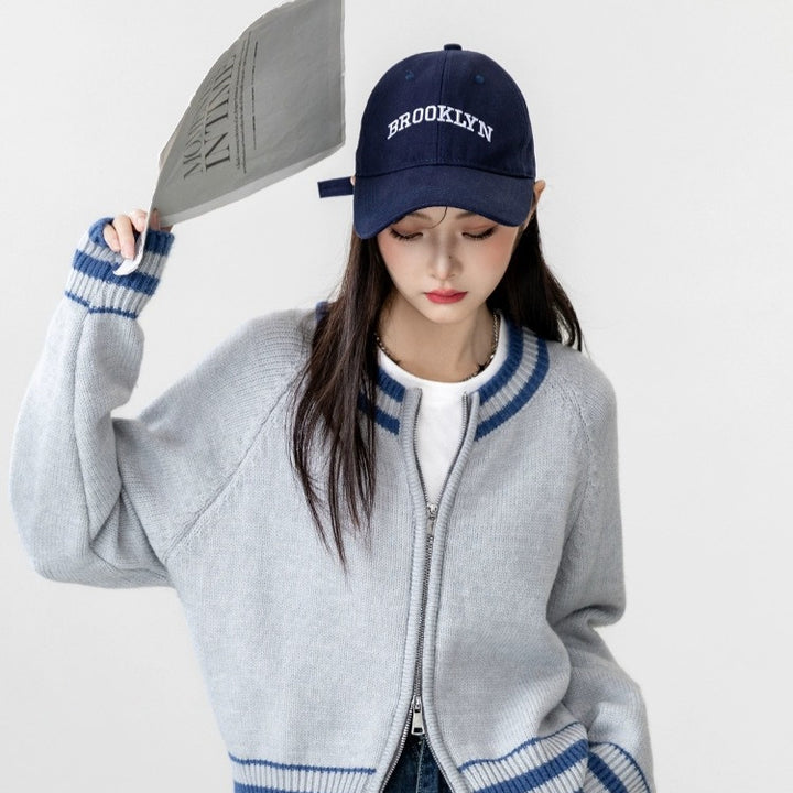 Damen sportlicher Strickcardigan mit Reißverschluss und gestreiftem Bündchen Drune