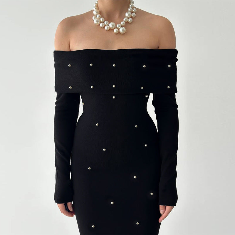 Damen schulterfreies Maxikleid mit eleganter Perlenverzierung und figurbetontem Schnitt Drune