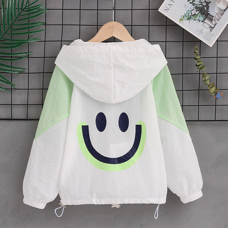 Damen nan leichte Kapuzenjacke mit Smiley-Print, verstellbarem Saum und elastischen Bündchen  Drune