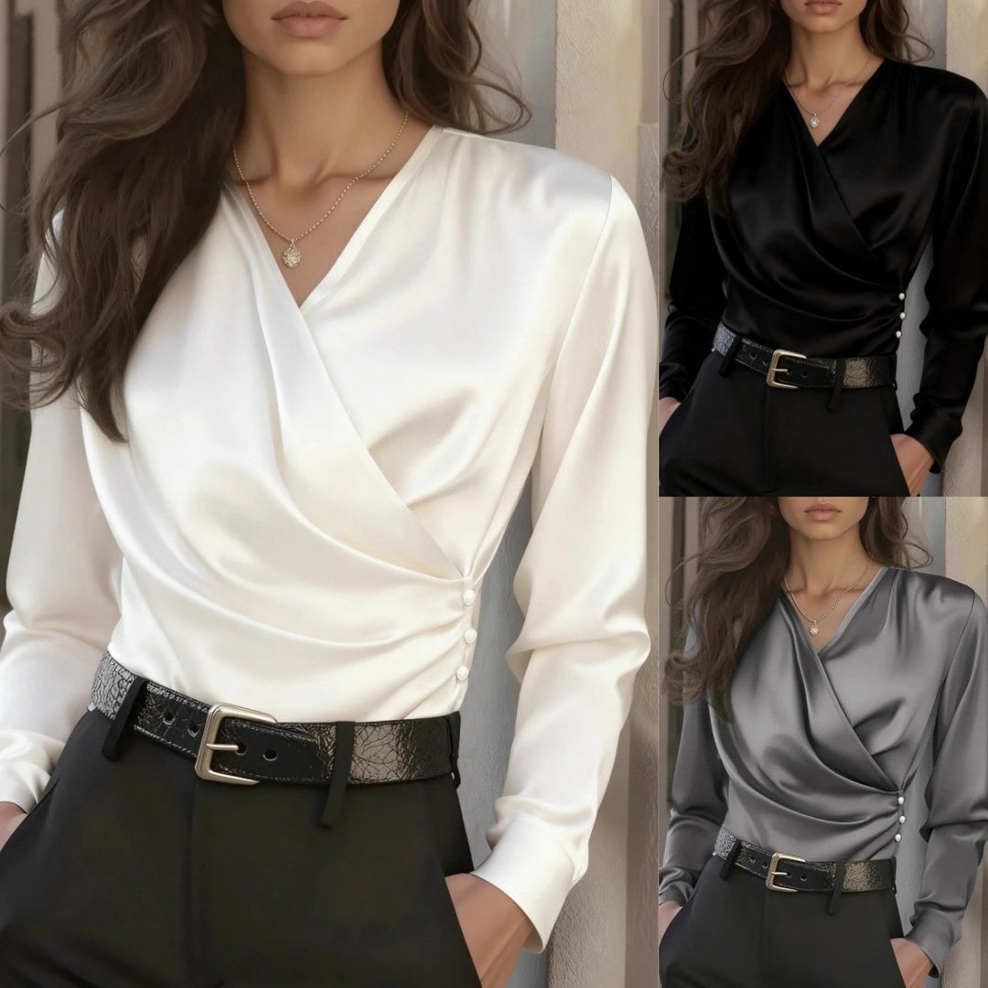 Damen elegante Wickelbluse mit Knopfdetails Drune