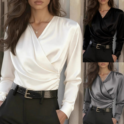 Damen elegante Wickelbluse mit Knopfdetails Drune