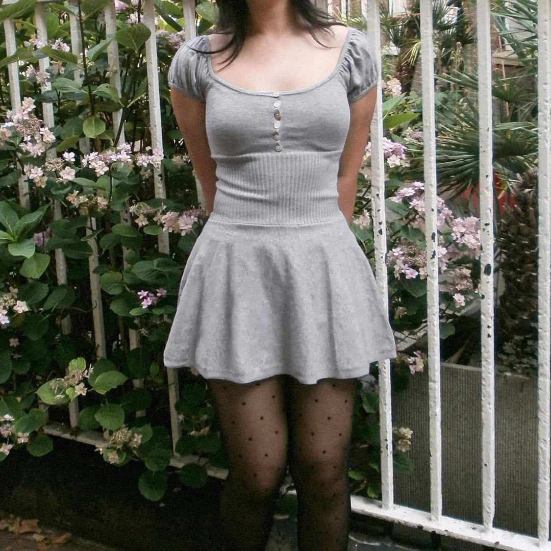 Damen elegantes Kleid mit Puffärmeln und Knopfleiste Drune