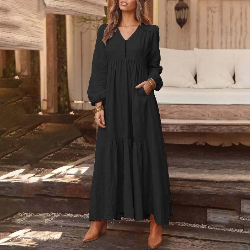Damen nan luftiges Maxikleid mit V-Ausschnitt, langen Ärmeln und seitlichen Taschen Drune