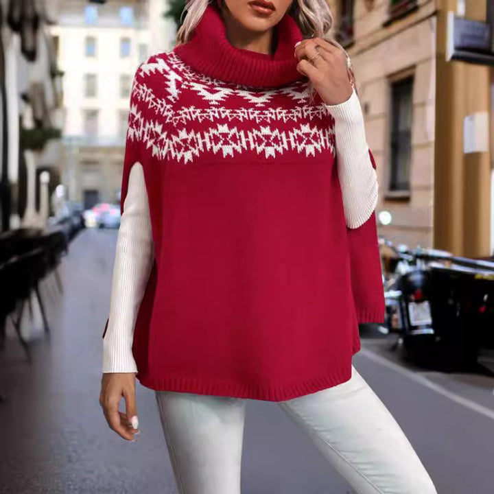 Damen Kapuzen-Strick-Cape mit festlichem Muster und hohem Kragen Drune