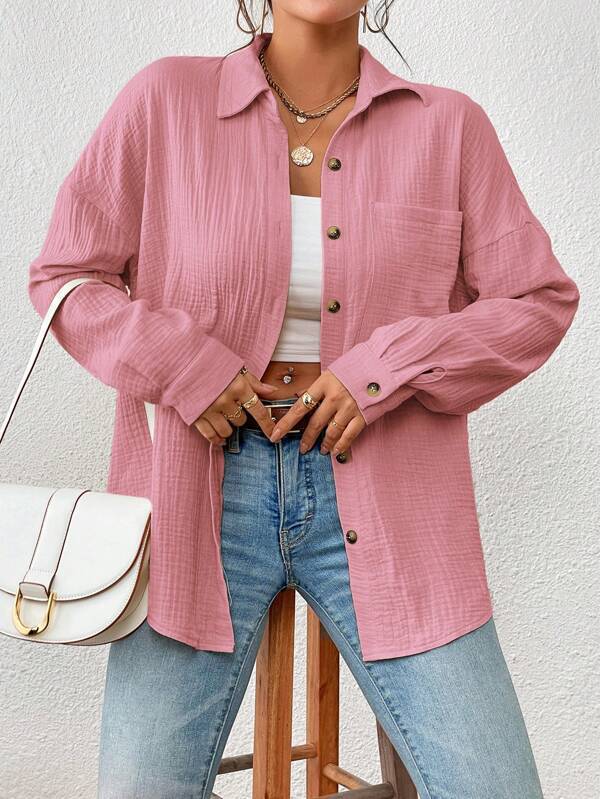 Damen Lässiges Overshirt mit Knopfleiste und Brusttasche Drune