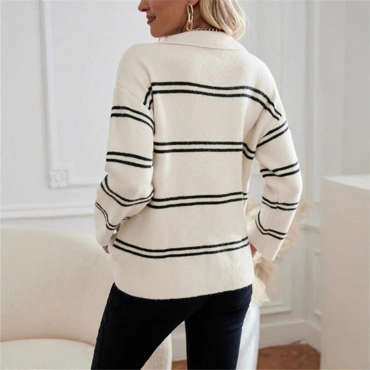 Damen lässiger Pullover mit Polo-Kragen und gestreiftem Design Drune