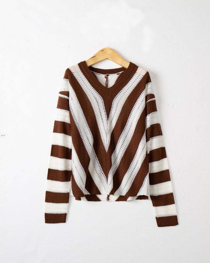 Damen V-Ausschnitt Strickpullover mit raffiniertem Streifenmuster Drune