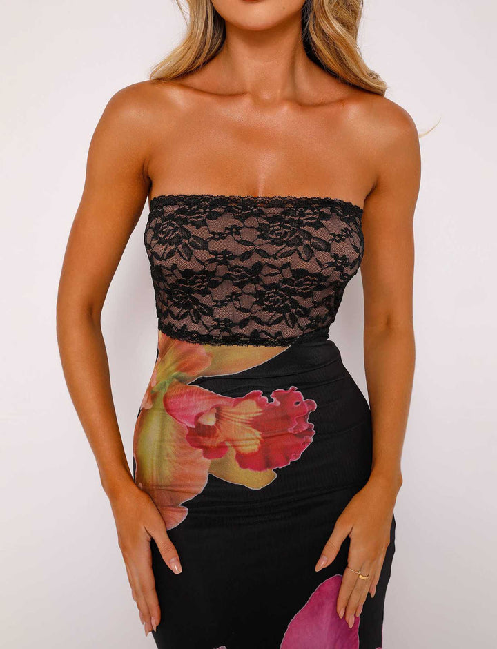 Damen Off-Shoulder Spitzenkleid mit Floral-Akzenten und transparentem Unterstoff Drune
