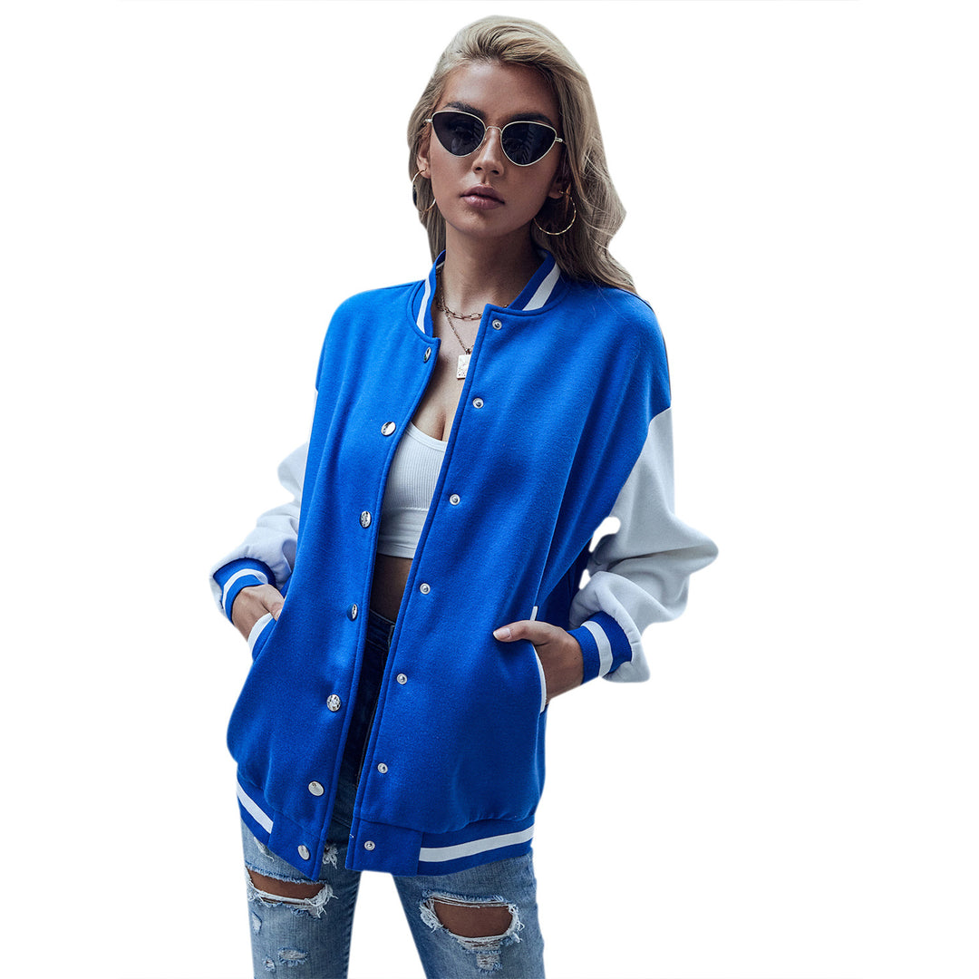 Damen Baseballjacke mit kontrastierenden Ärmeln und Druckknopfverschluss Drune