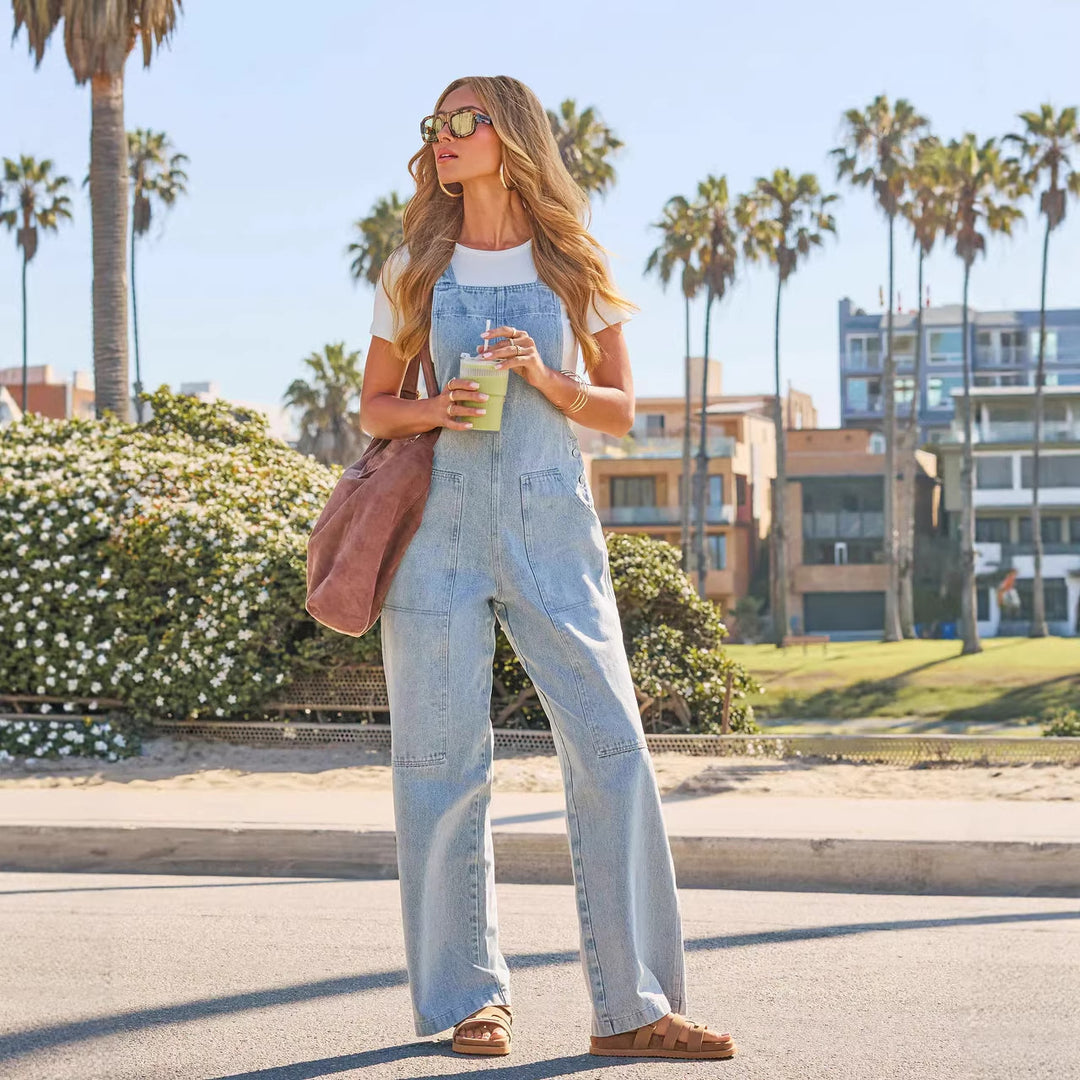 Damen Lässige Overall aus Denim mit weit geschnittenem Bein und praktischen Taschen Drune