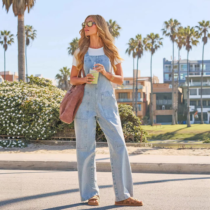 Damen Lässige Overall aus Denim mit weit geschnittenem Bein und praktischen Taschen Drune