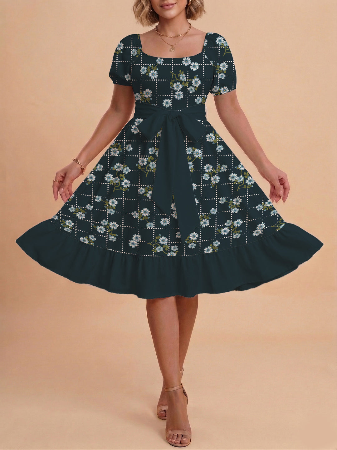 Damen Blumenkleid mit taillierbarem Gürtel und voluminösen Ärmeln Drune