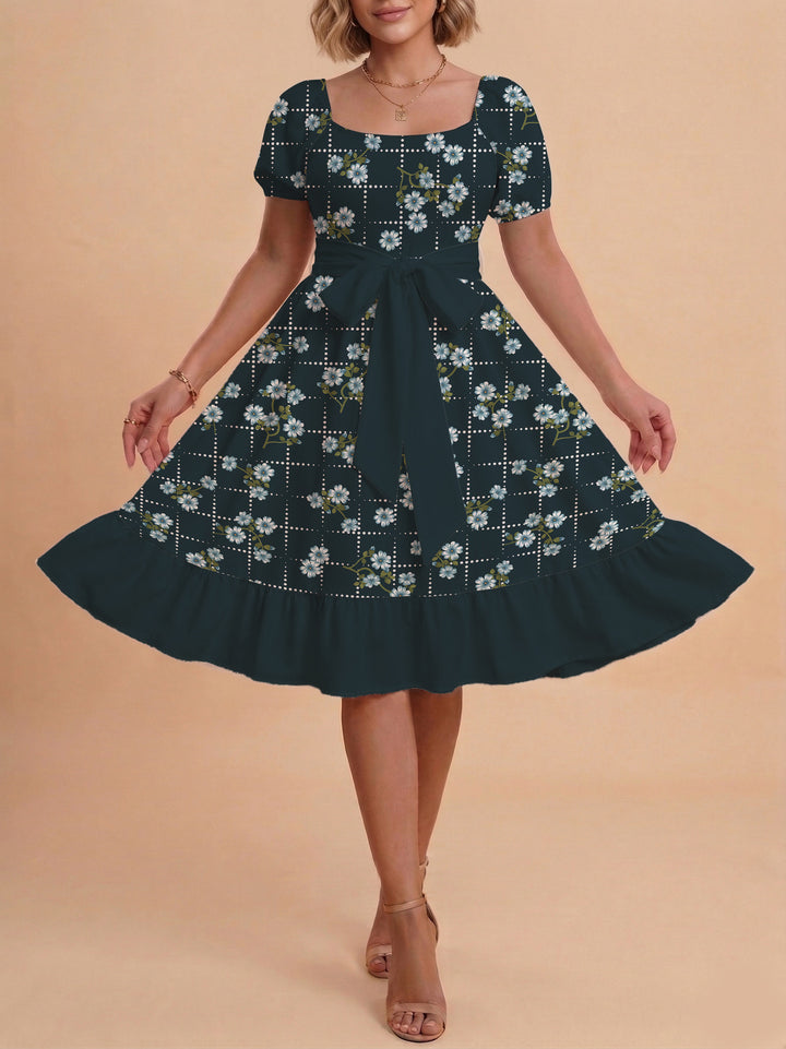 Damen Blumenkleid mit taillierbarem Gürtel und voluminösen Ärmeln Drune