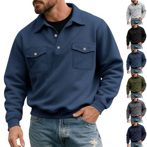 Herren nan legerer Button-Polo-Sweatshirt mit aufgesetzten Brustklappen und gerippten Bündchen Drune