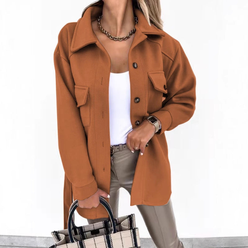 Damen Modische Overshirt-Jacke mit aufgesetzten Taschen und Knopfverschluss Drune