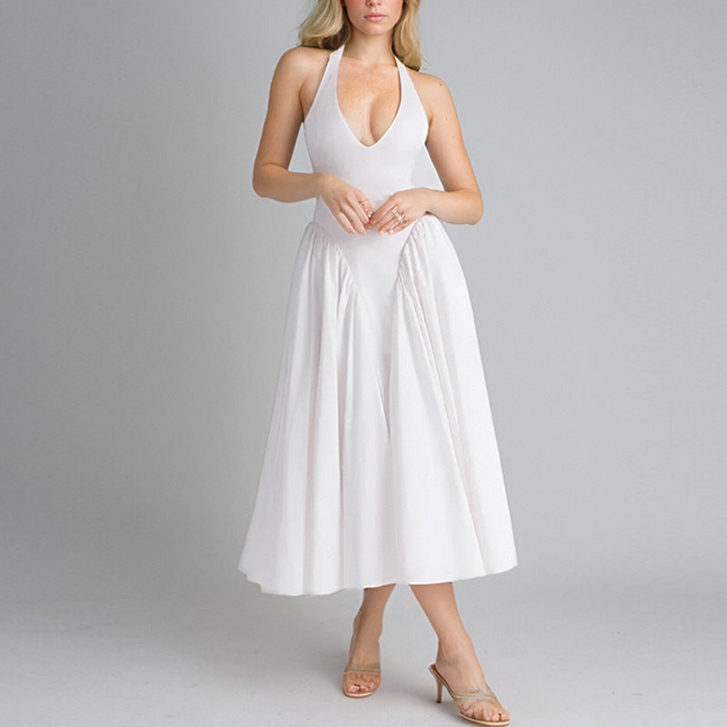 Damen Maxikleid mit tiefem V-Ausschnitt und fließendem Rock Drune