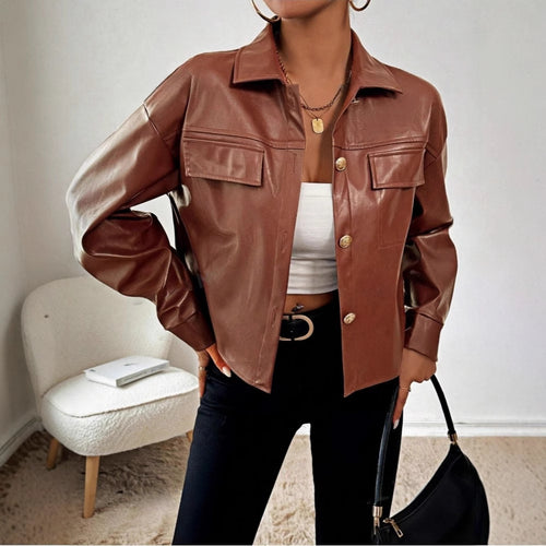 Damen Modische Kunstlederjacke im Oversized-Stil Drune