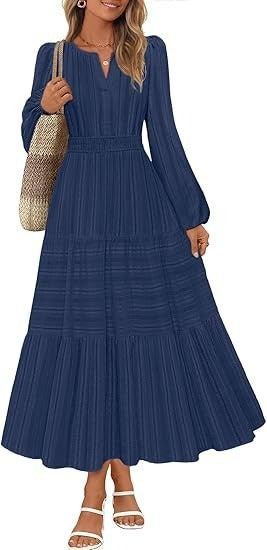 Damen Maxikleid mit eleganten Puffärmeln und gesmoktem Taillenbereich Drune