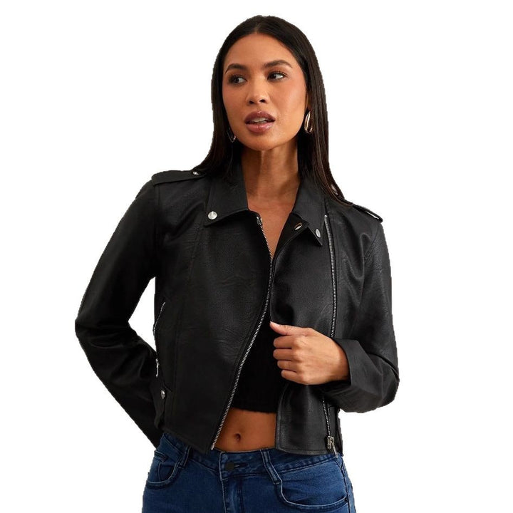Damen modische Bikerjacke aus Kunstleder mit stilvollem Reißverschluss Drune