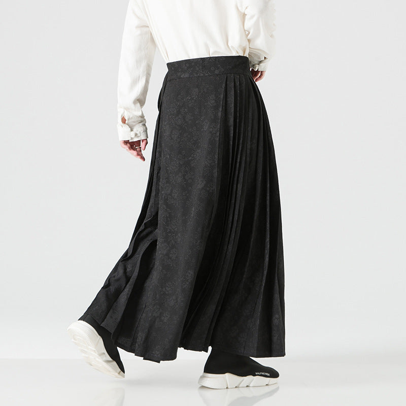 Damen nan Maxi-Rock mit breitem Taillenbund ornamentaler Bordüre und plissierten Falten Drune