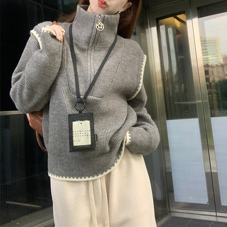Damen modischer Pullover mit Stehkragen und übergroßen Ärmeln Drune