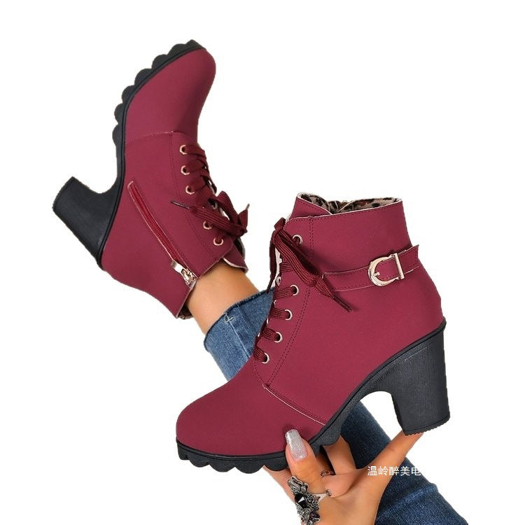 Damen nan knöchelhohe Schnür-Stiefelette mit seitlichem Reißverschluss, dekorativer Gürtelschlaufe, mittelhohem Blockabsatz und profilstarker Laufsohle Drune