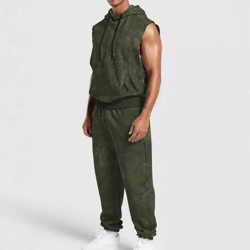 Herren nan ärmelloses Kapuzensweat-Set in Veloursoptik mit elastischer Jogginghose und gerippten Abschlüssen Drune