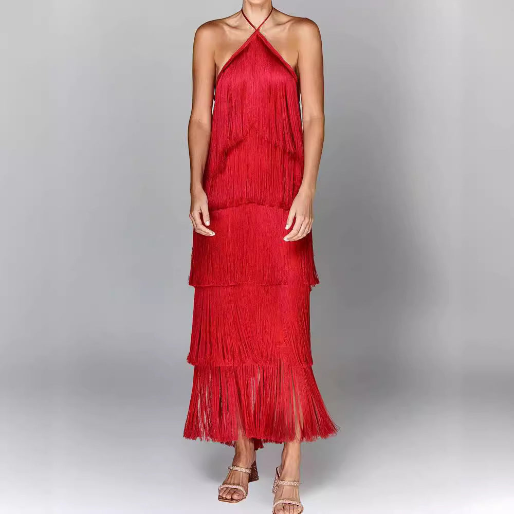 Damen Elegantes Fransen-Maxikleid mit schimmerndem Detail und raffinierter Passform Drune