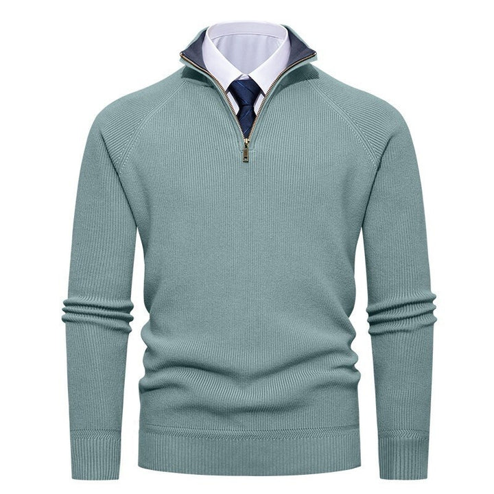 Herren nan feiner Strickpullover mit Halbzip, strukturierter Rippoptik und innen kontrastiertem Stehkragen Drune