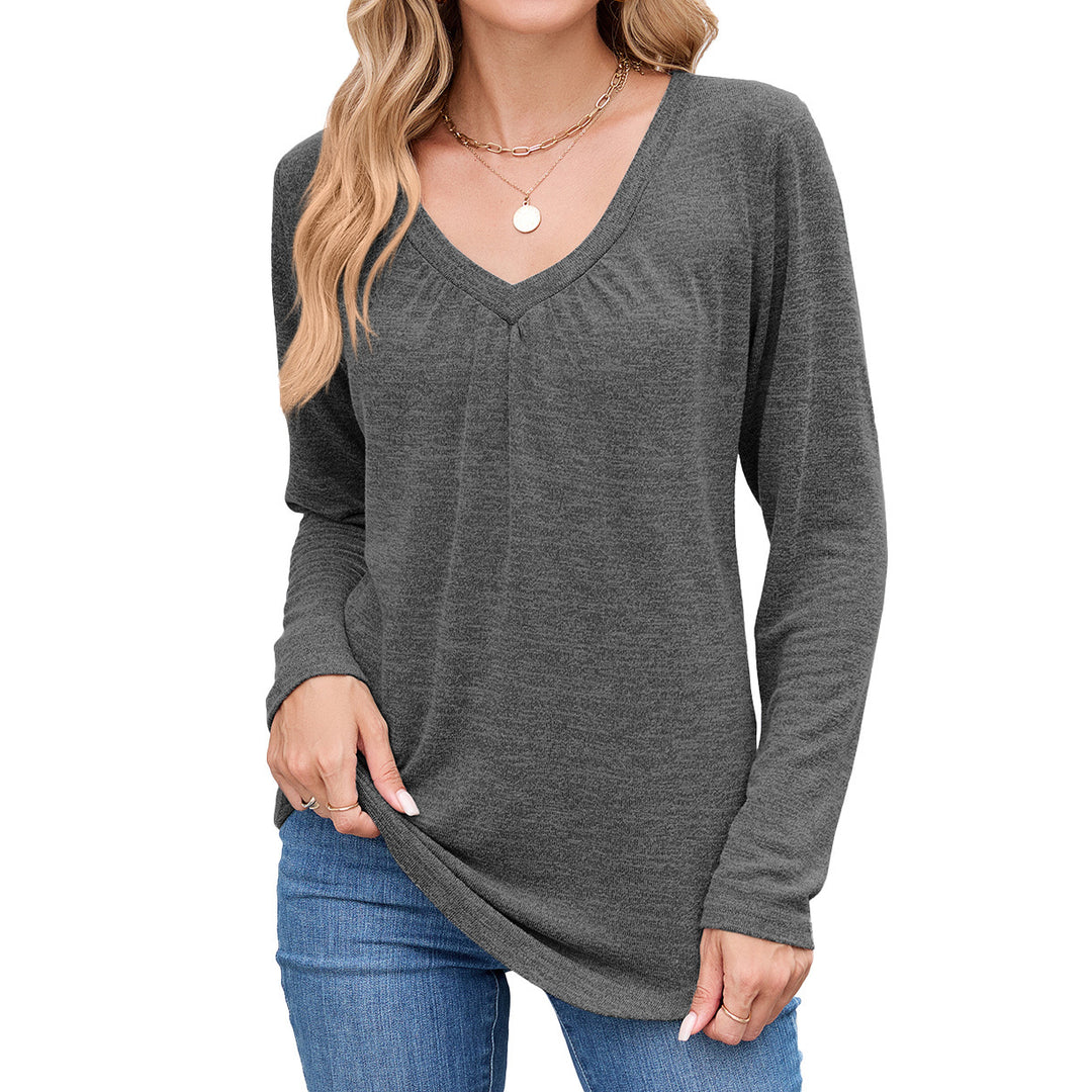 Damen lässiges Langarmshirt mit V-Ausschnitt und Falten Detail Drune