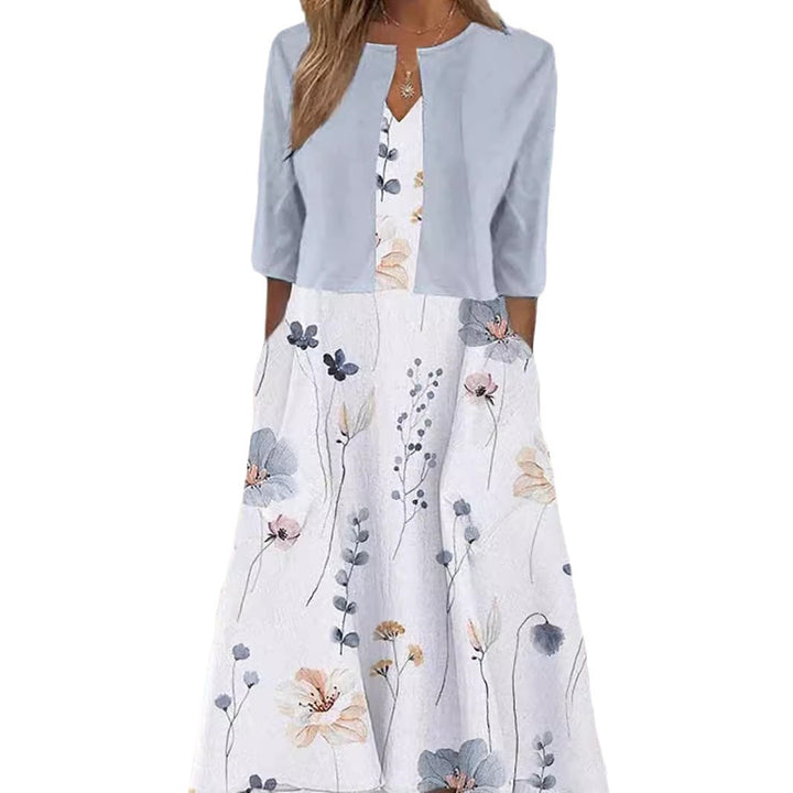 Damen nan Midikleid mit Bolero-Optik, tailliertem V-Ausschnitt, Dreiviertelärmeln und floralem A-Linienrock Drune
