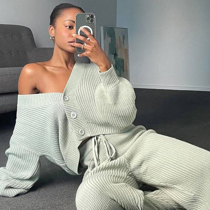 Damen modisches Strick-Loungewear-Set mit Knopfdetails und verstellbarem Bund Drune