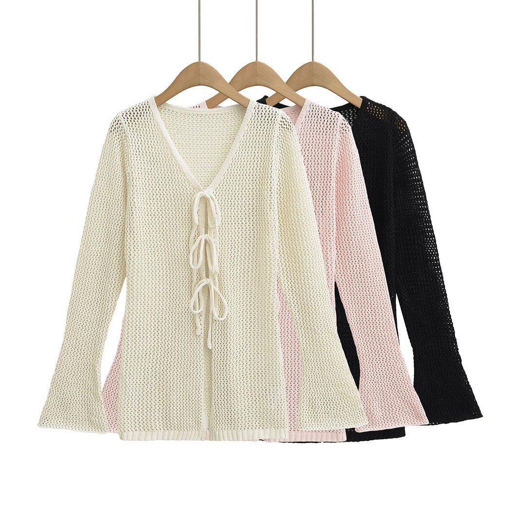 Damen Strickpullover mit V-Ausschnitt und Schnürung Drune