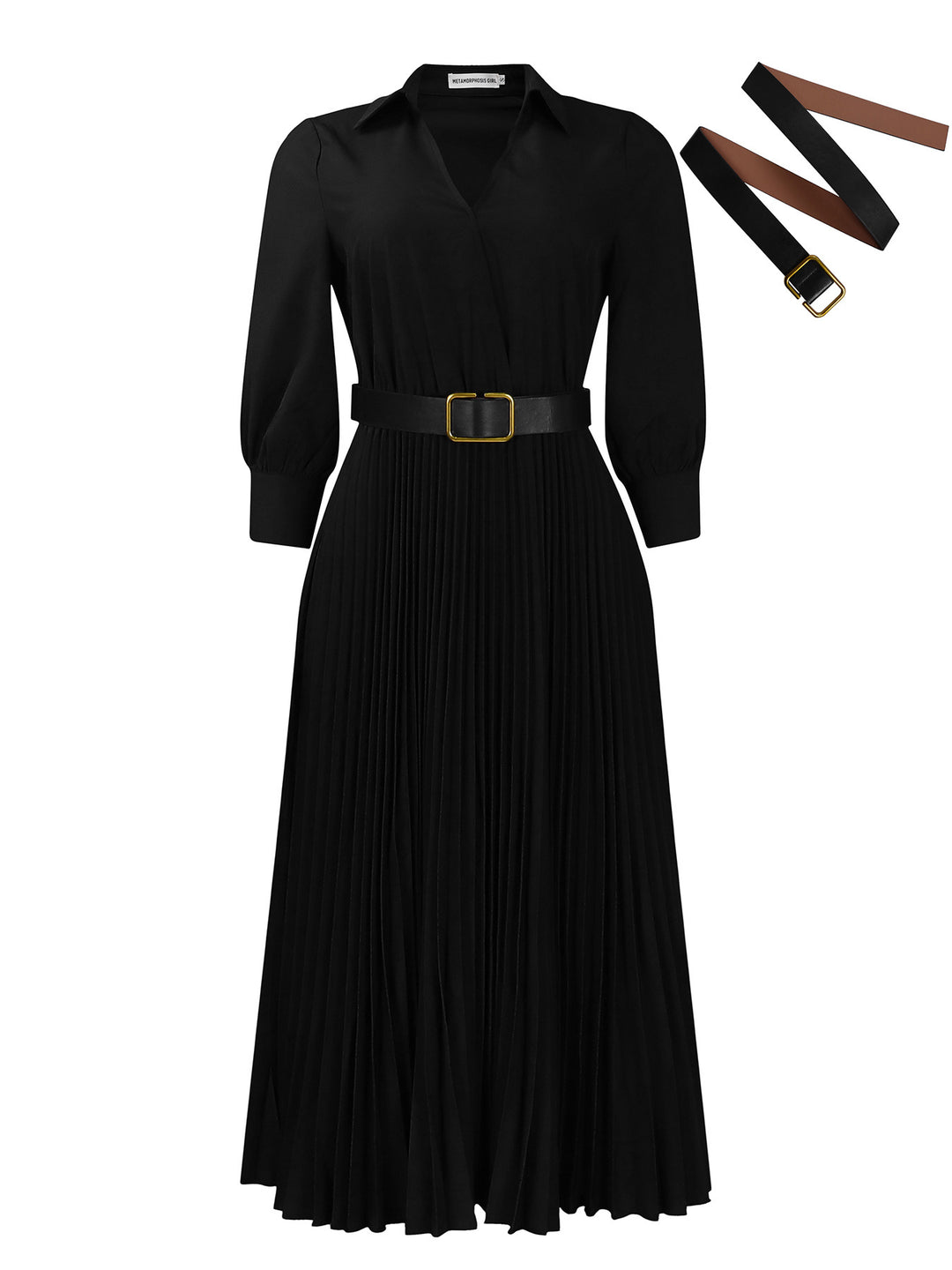 Damen Plissiertes Midikleid mit elegantem Blazerkragen und dekorativem Gürtel Drune
