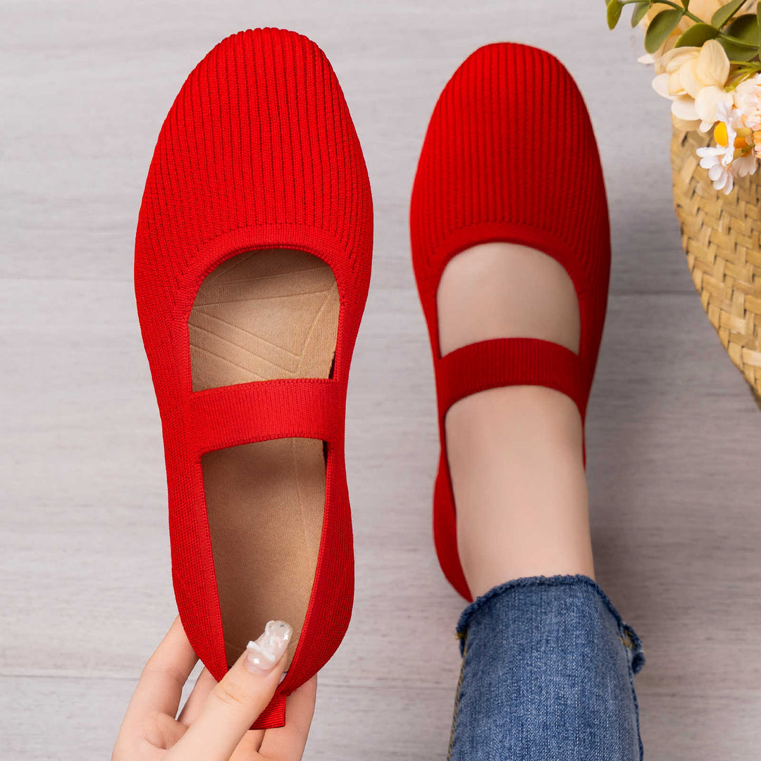 Damen nan gestrickter Mary-Jane-Slipper mit elastischem Riemen, nahtlosem Sockeneinstieg und dämpfender Komfortsohle Drune