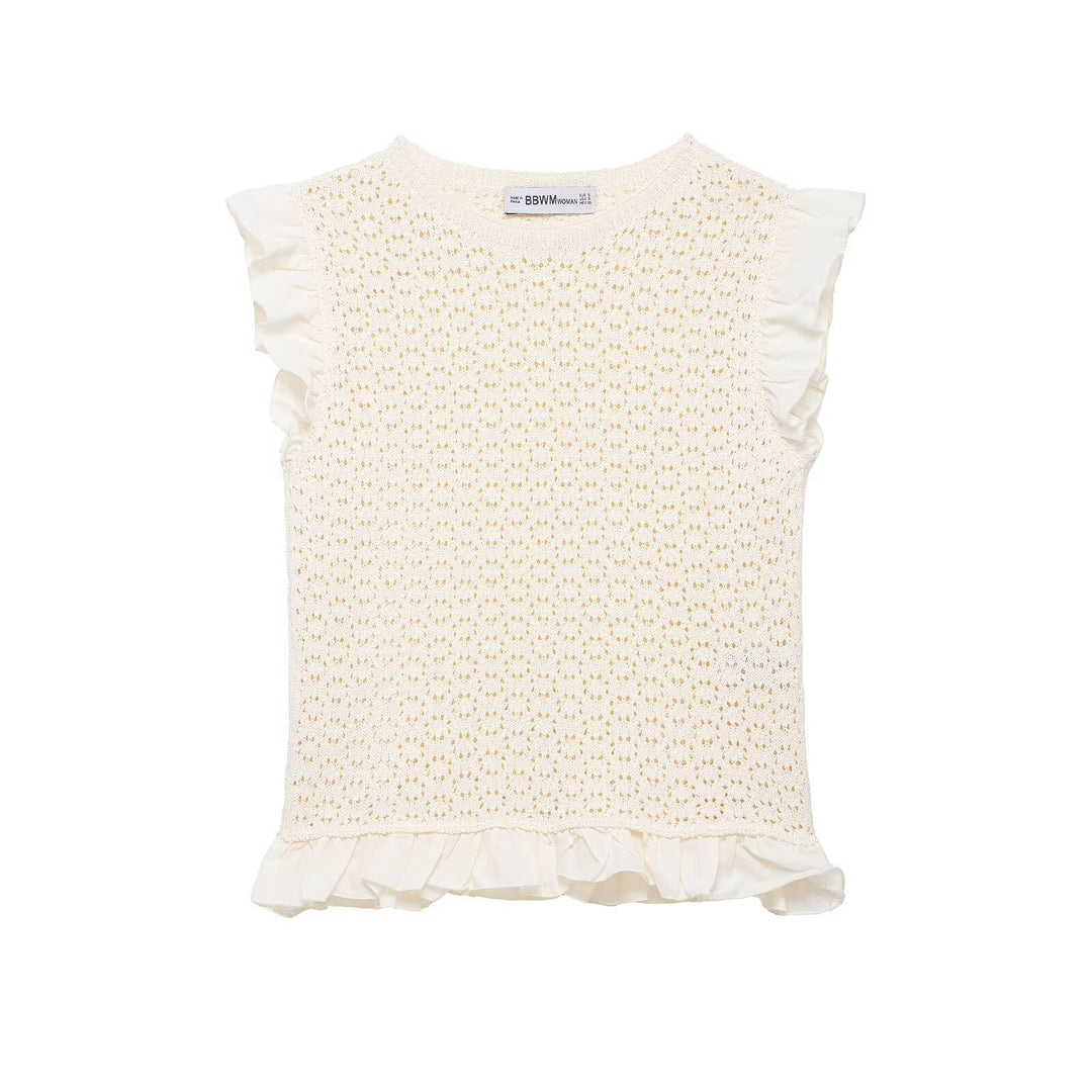 Damen Rüschenshirt mit feiner Lochstickerei und gerafftem Saum Drune