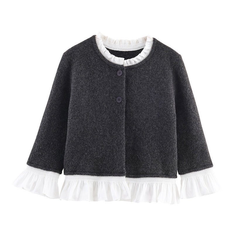 Damen modische Strickjacke mit Rüschendetails und Knopfverschluss Drune