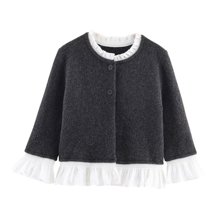 Damen modische Strickjacke mit Rüschendetails und Knopfverschluss Drune