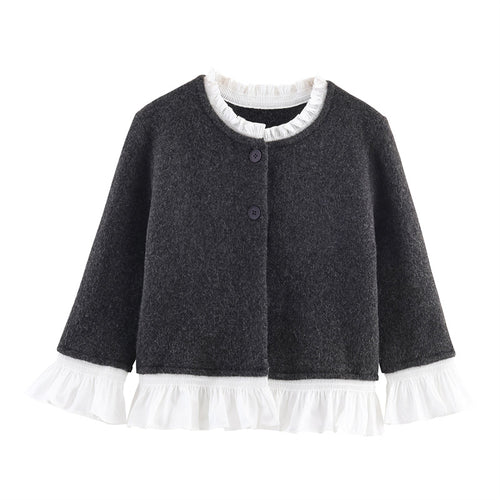 Damen modische Strickjacke mit Rüschendetails und Knopfverschluss Drune