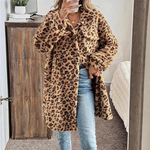 Damen kuschelige Leo-Print Jacke Drune
