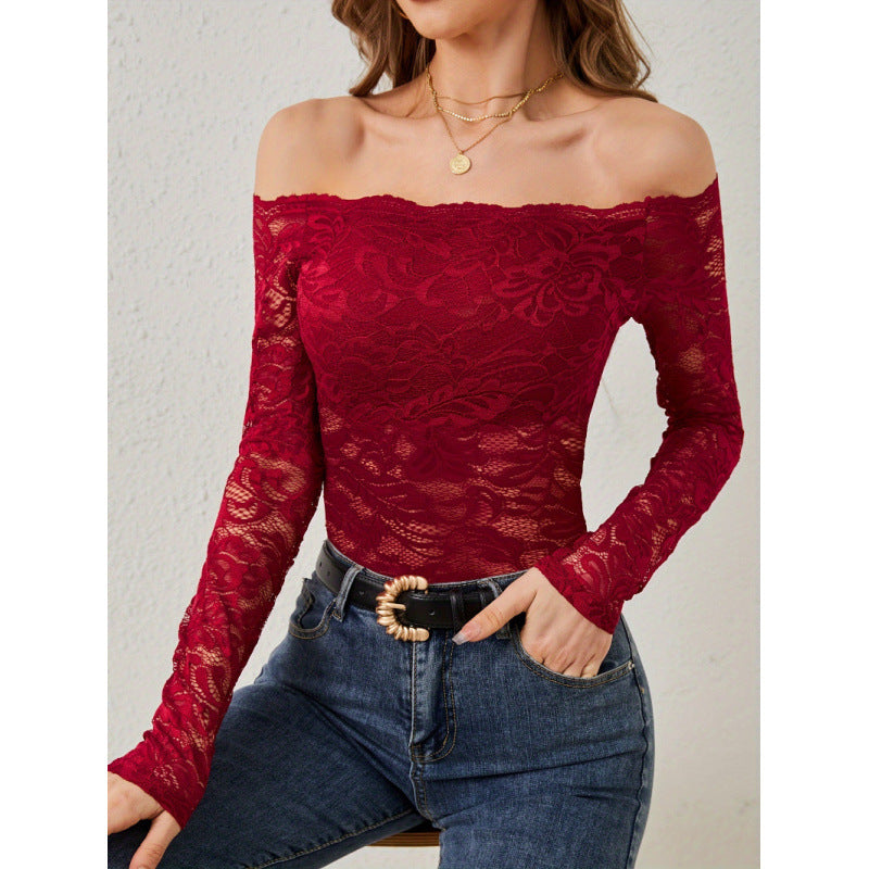 Damen Spitzenbody mit schulterfreiem Design und langen Ärmeln Drune