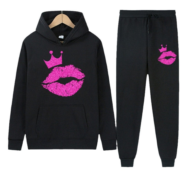 Damen Kapuzen-Pullover und Jogginghose Set mit auffälligem Lippenmotiv und Krönchen Drune