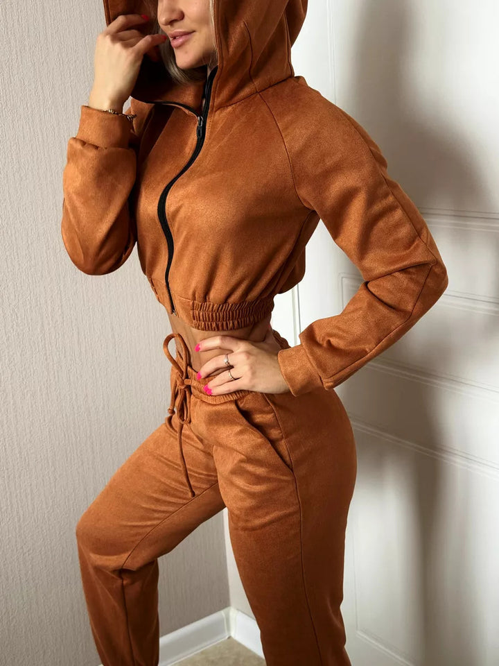 Damen Sportliches Fleece-Cropped-Set mit Kapuze und elastischem Bund Drune